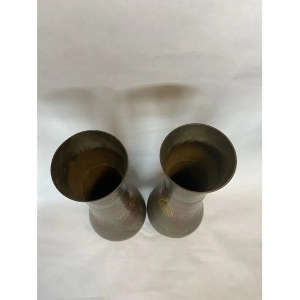 Vintage Set of 2 Brass Hand Etched Multicolored Flower Bud Vases 12